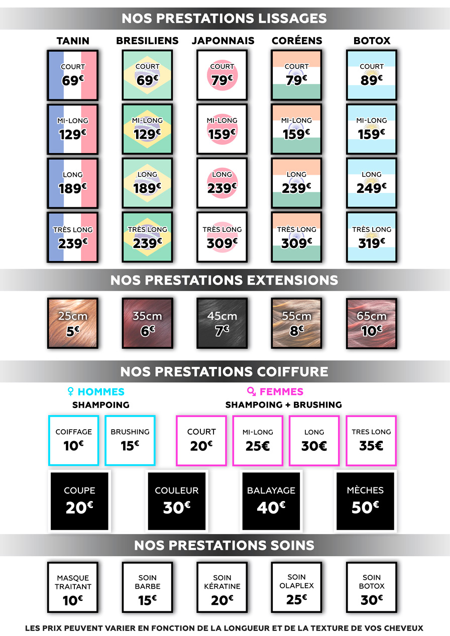 Les tarifs du salon Liss Center à Lyon, centre de lissage et d'extensions